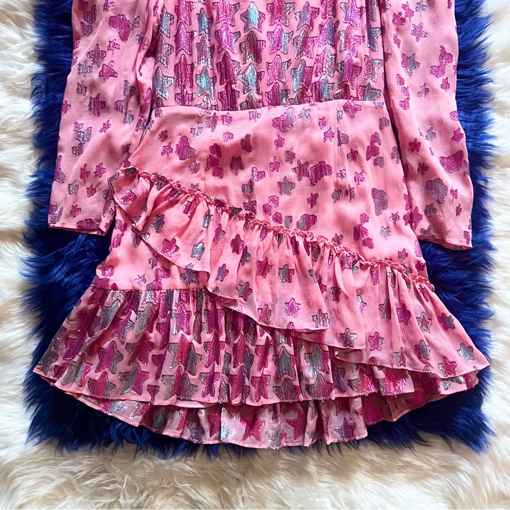 New! LoveShackFancy Caden Metallic Star Silk Dress in Pink - Picture 8 of 14